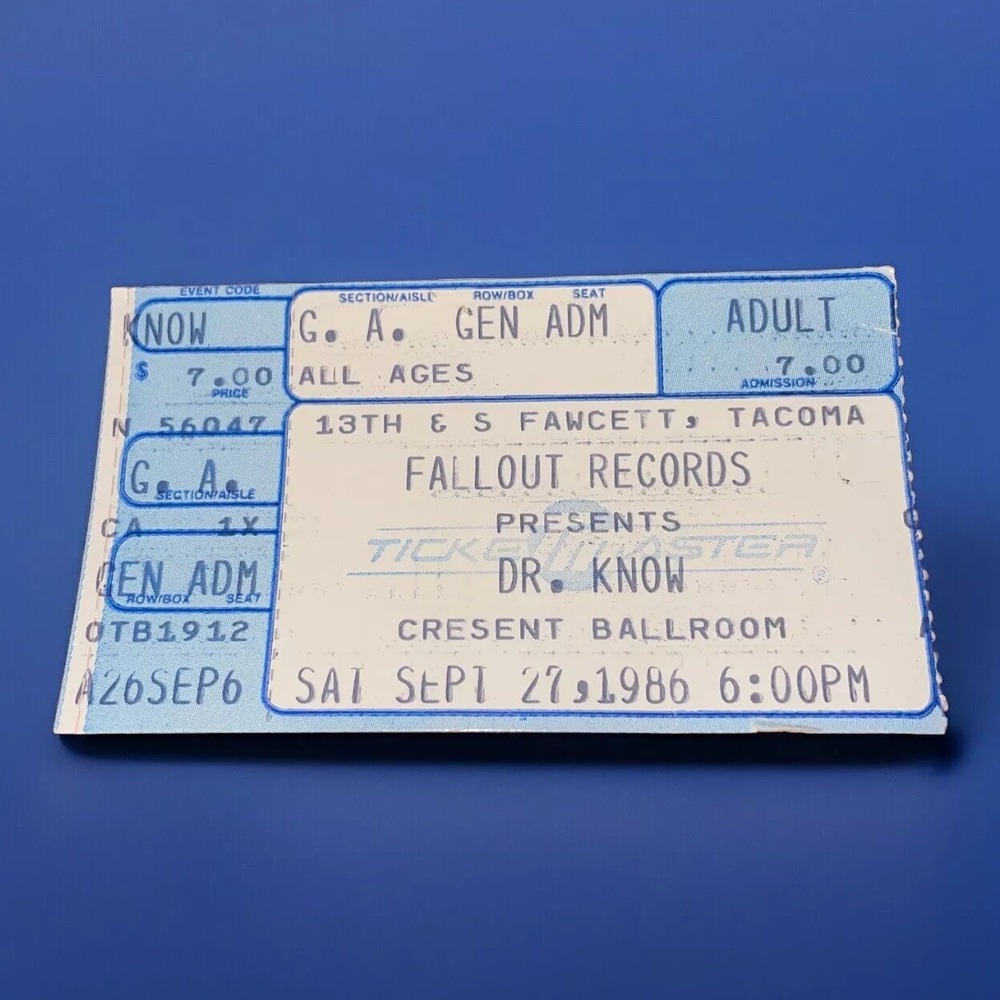 Dr Know 1986 Ticket Stub Poison Idea The Accused Melvins Tacoma Fallout Records